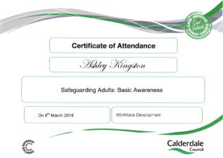 Certificate - Safeguarding Adutls at Risk with Calderdale Council.